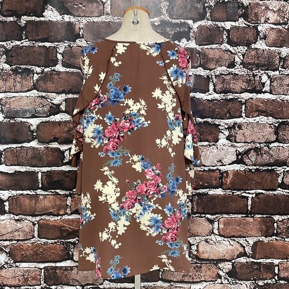ODDY Dress Cold Shoulder Midi Shift Brown Floral Size 3X - Picture 10 of 15